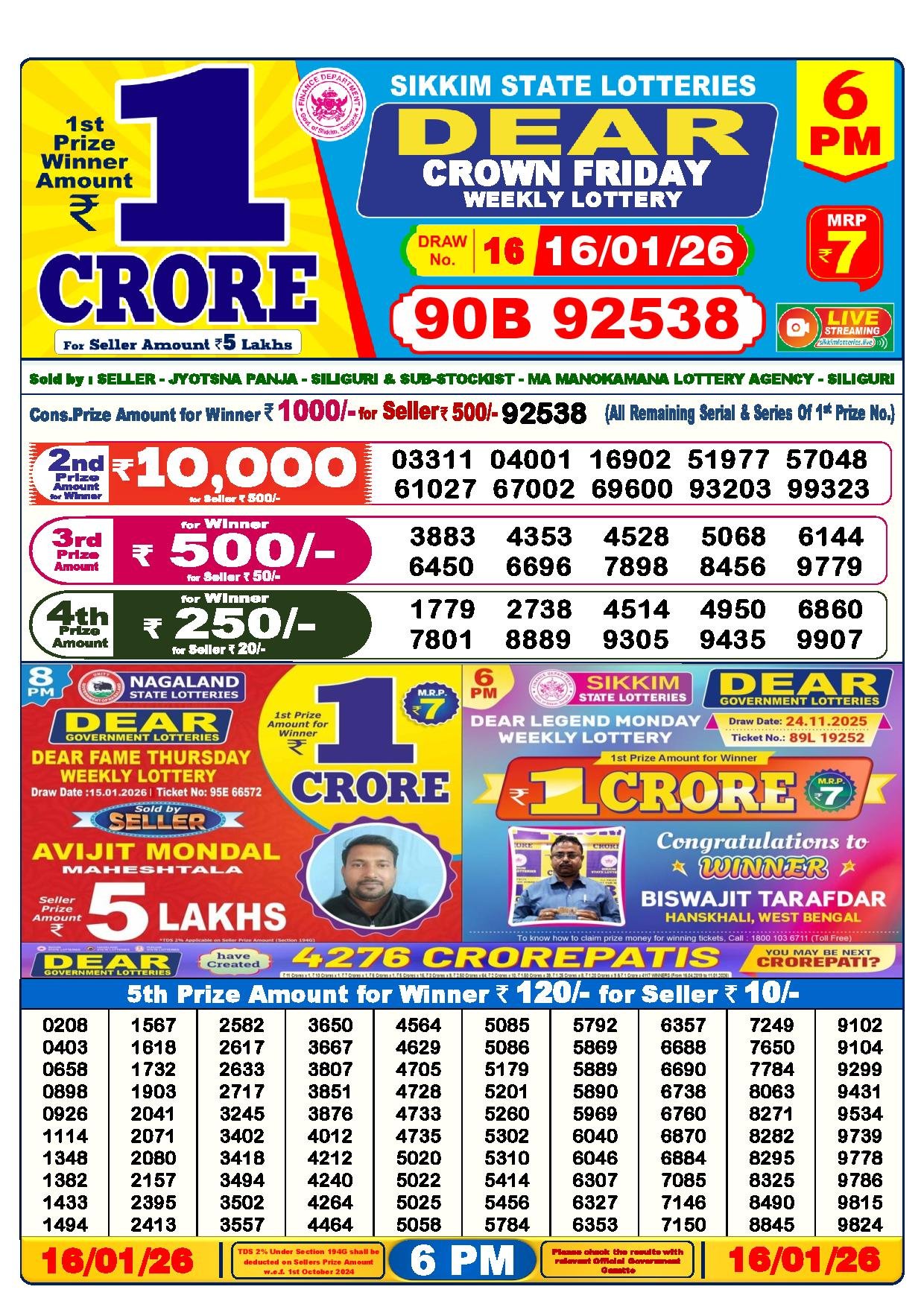 Dear Lottery Result Today 6 PM - 16 Jan 2026