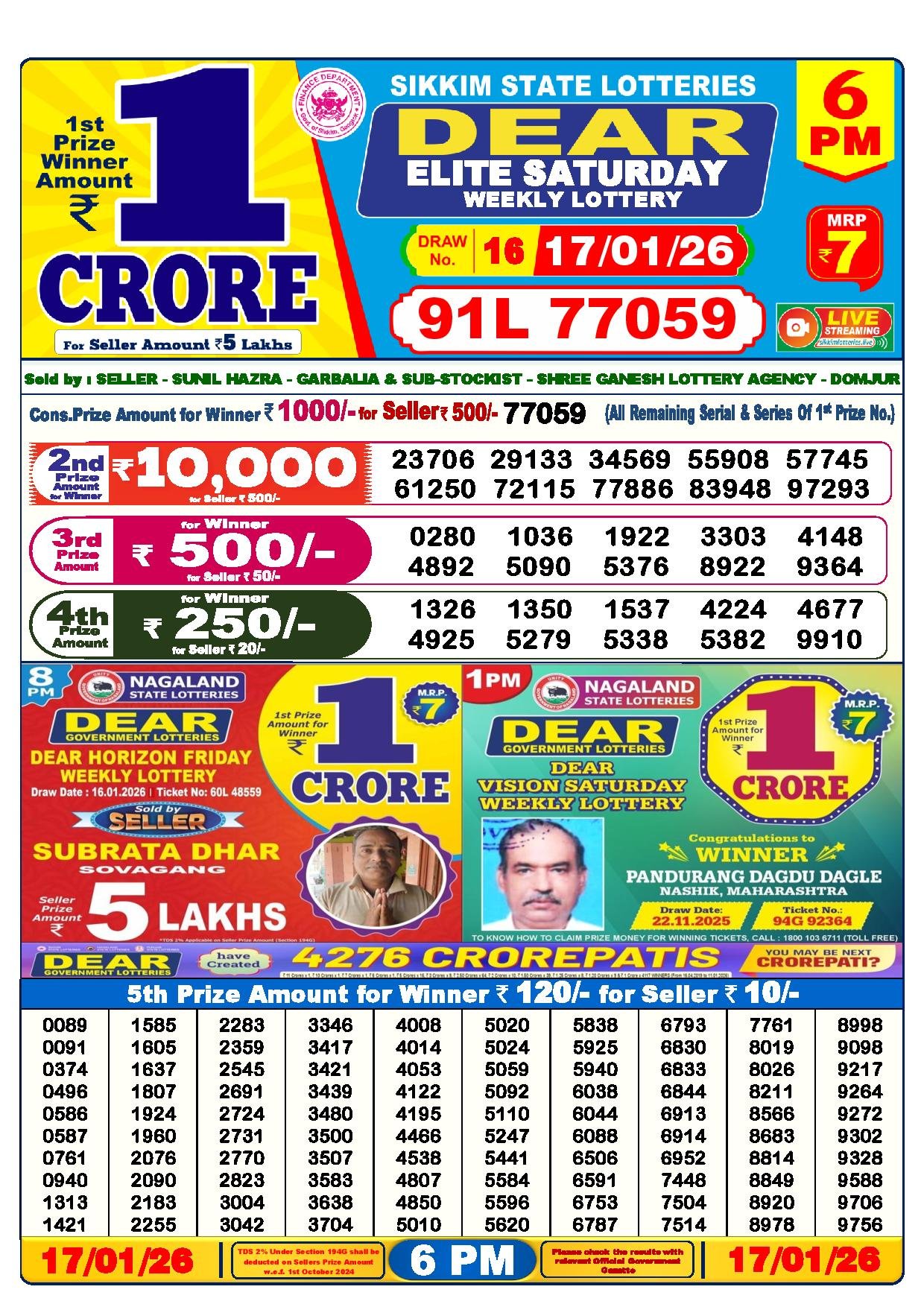Dear Lottery Result Today 6 PM - 17 Jan 2026