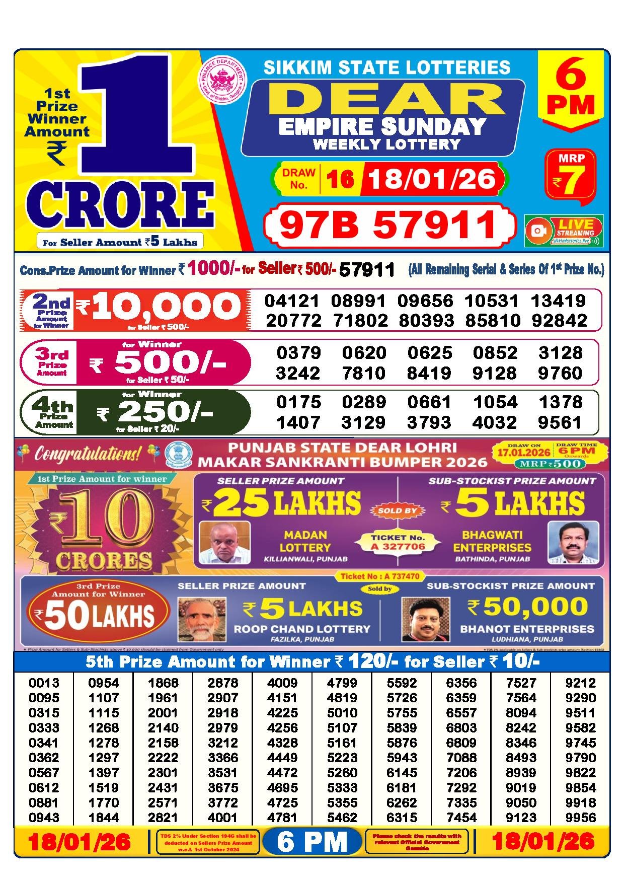Dear Lottery Result Today 6 PM - 18 Jan 2026