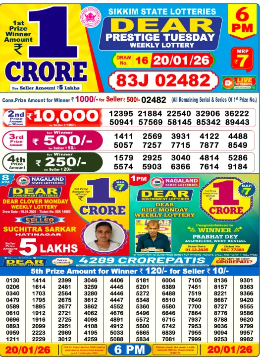 Dear Lottery Result Today 6 PM - 20 January 2026