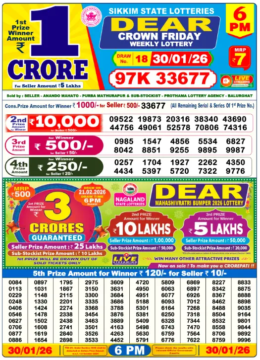 Dear Lottery Result Today 6 PM - 30 January 2026