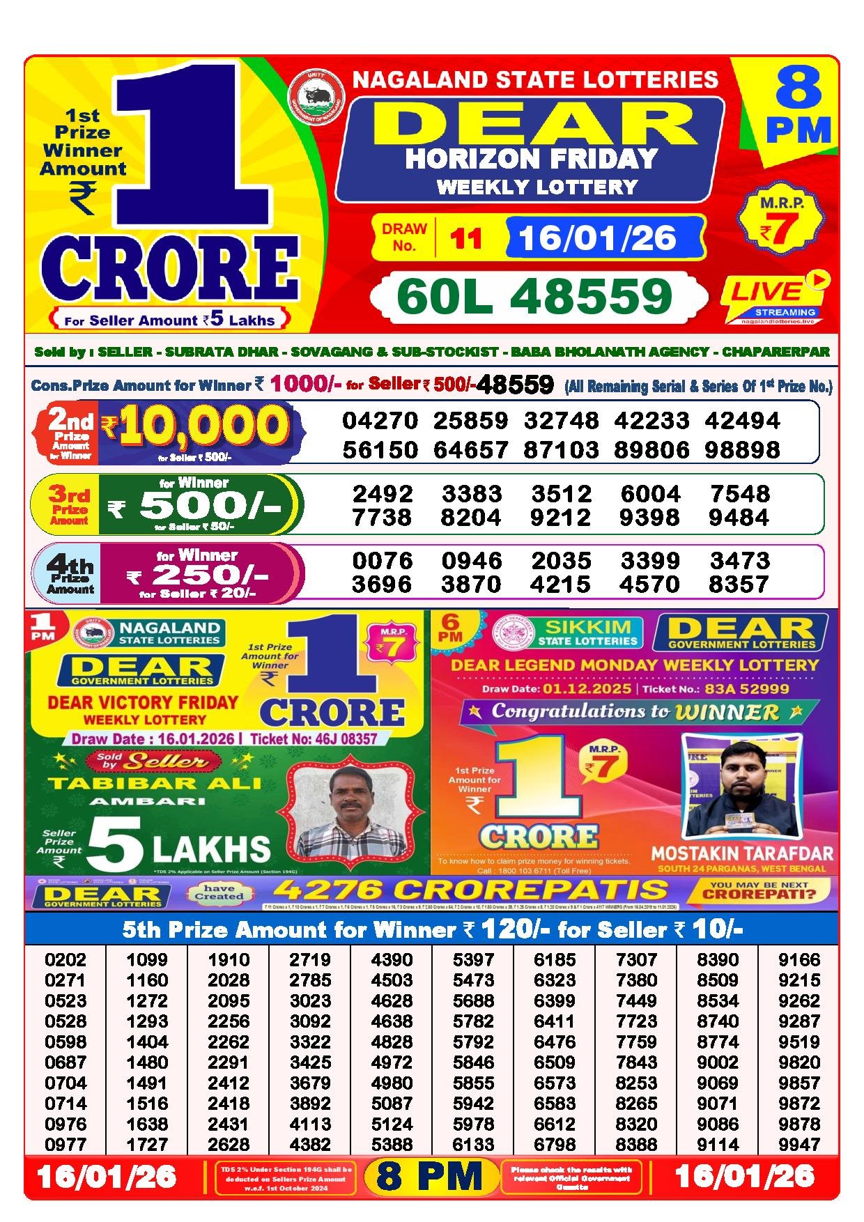 Dear Lottery Result Today 8 PM - 16 Jan 2026
