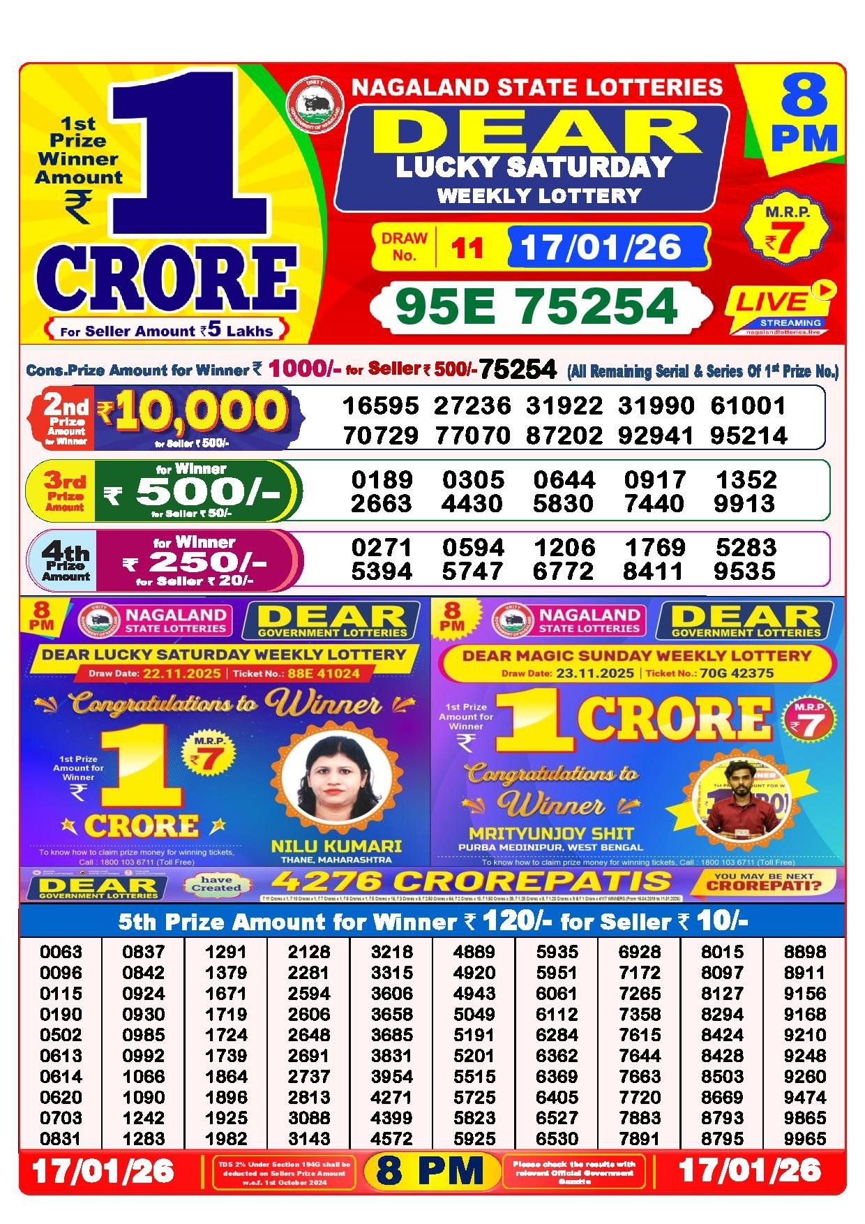 Dear Lottery Result Today 8 PM - 17 Jan 2026