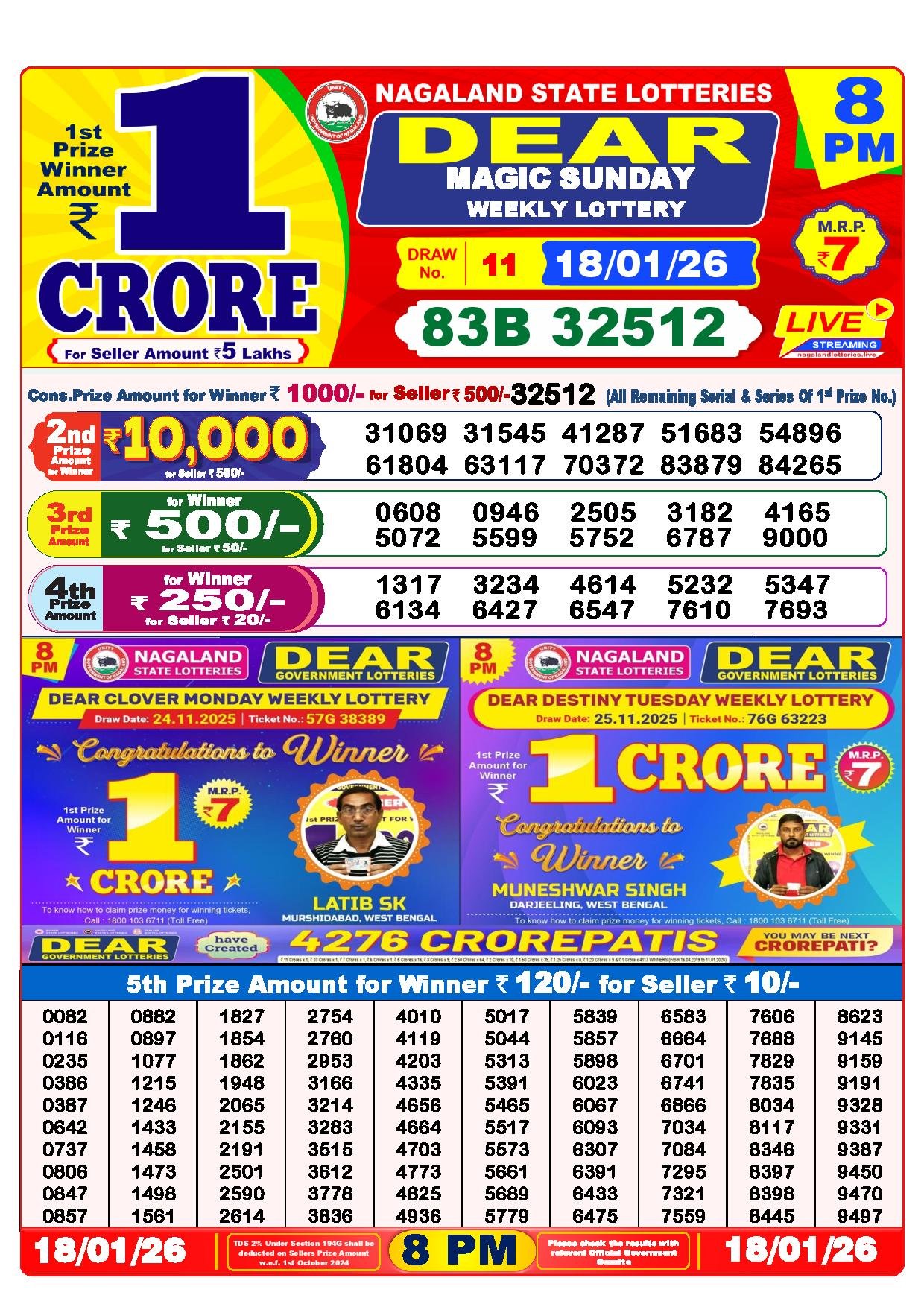 Dear Lottery Result Today 8 PM - 18 Jan 2026