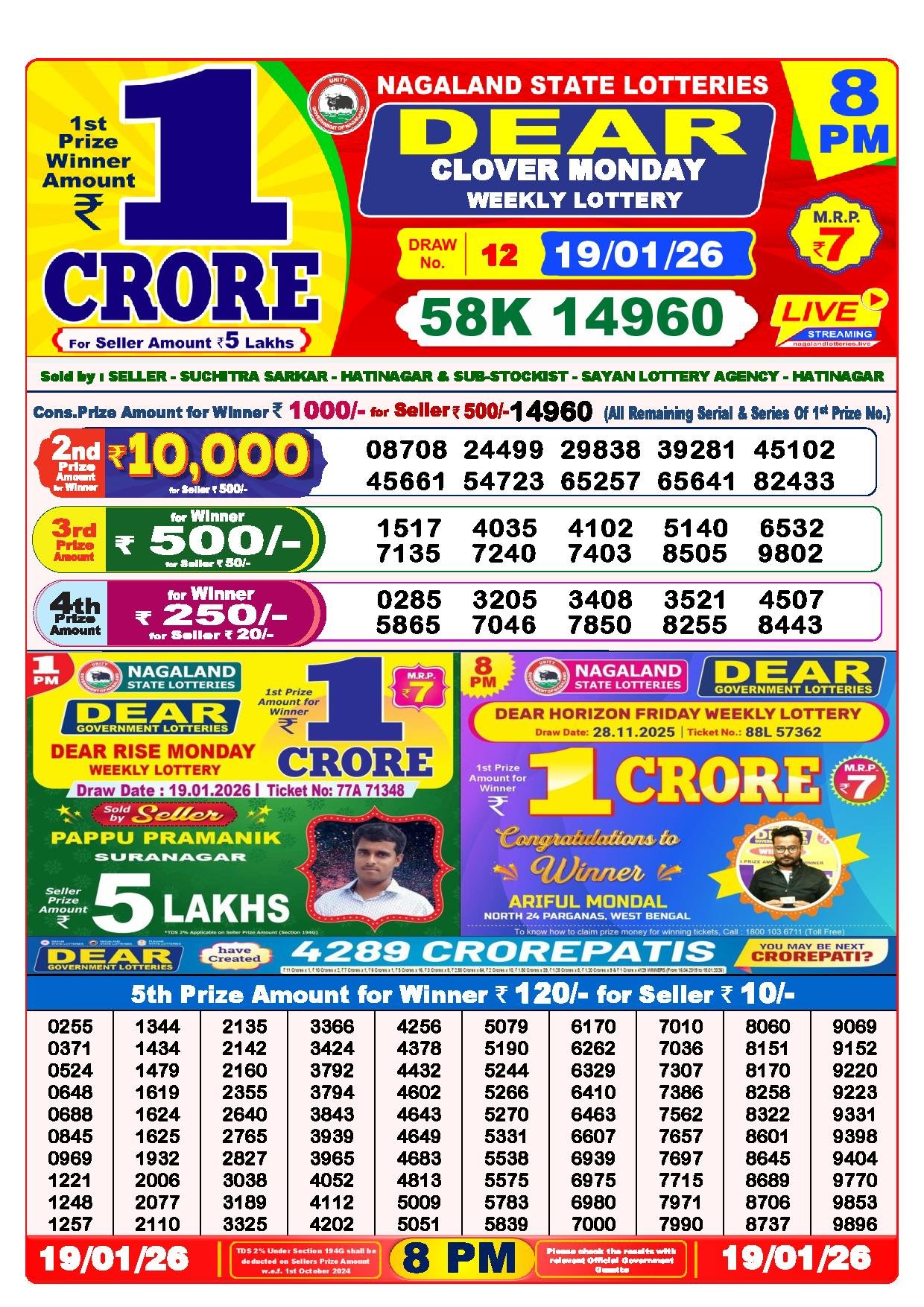 Dear Lottery Result Today 8 PM - 19 Jan 2026