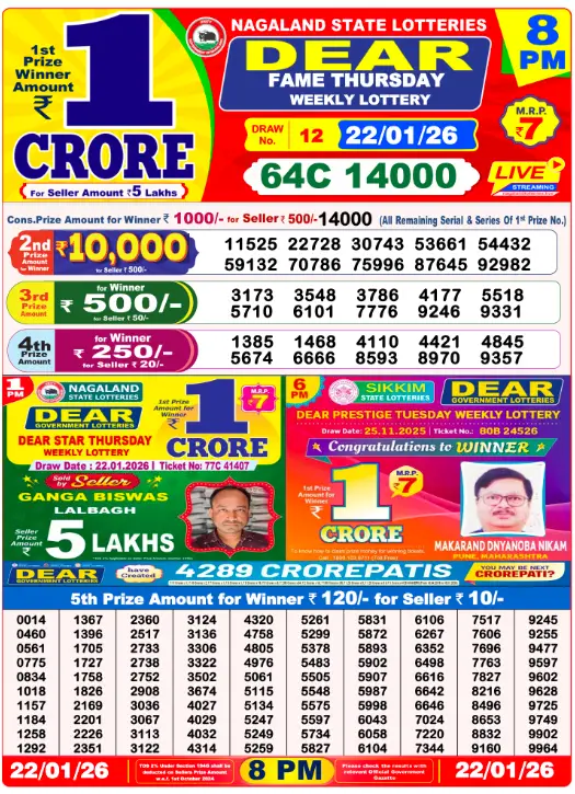 Nagaland Dear Lottery Sambad Result Today 22-01-2026 8 PM