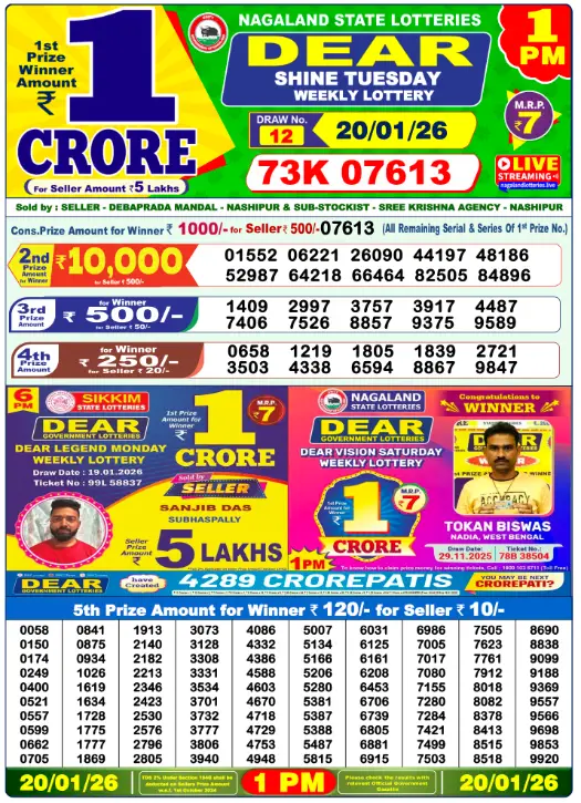 Dear Lottery Result Today 1 PM - 20 January 2026