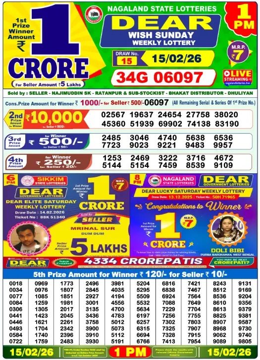Dear Lottery Result Today 1 PM - 15 February 2026