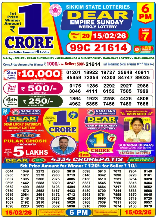 Dear Lottery Result Today 6 PM - 15 February 2026
