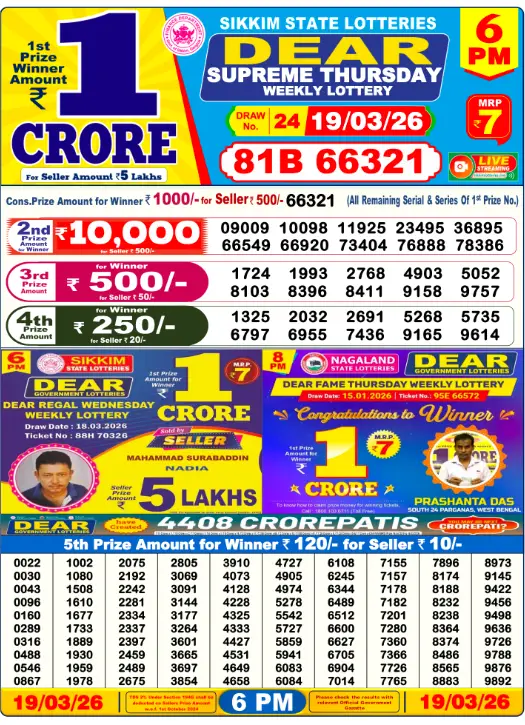 Dear Lottery Result 6 PM - 19 March 2026