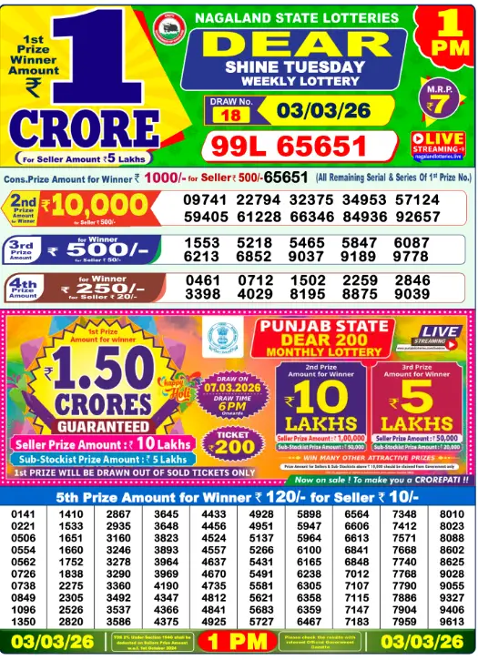 Dear Lottery Result 1 PM - 3 March 2026