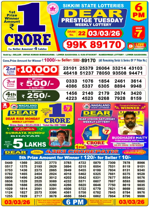 Dear Lottery Result 6 PM - 3 March 2026