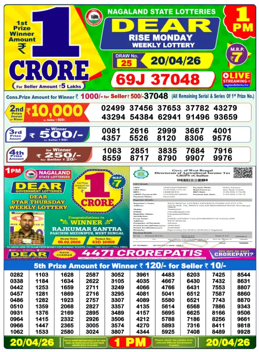 Dear Lottery Result 1 PM - 20 April 2026