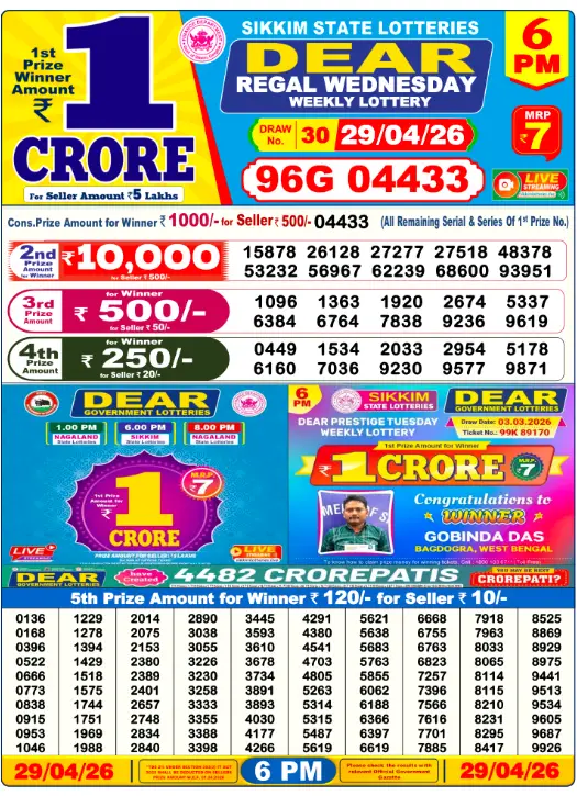 Dear Lottery Result 6 PM - 29 April 2026
