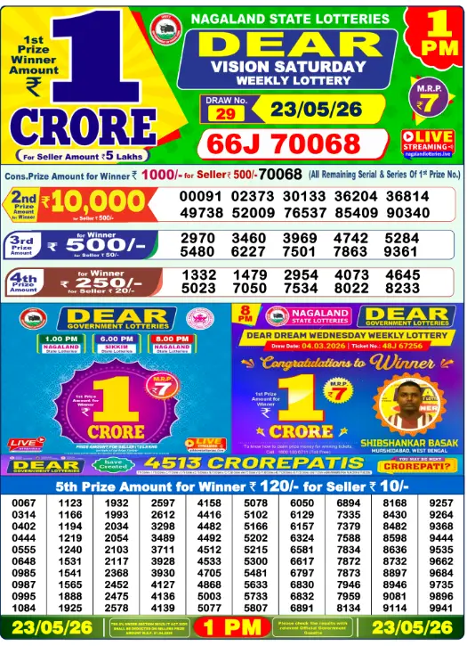 Dear Lottery Result 1 PM -23 May 2026