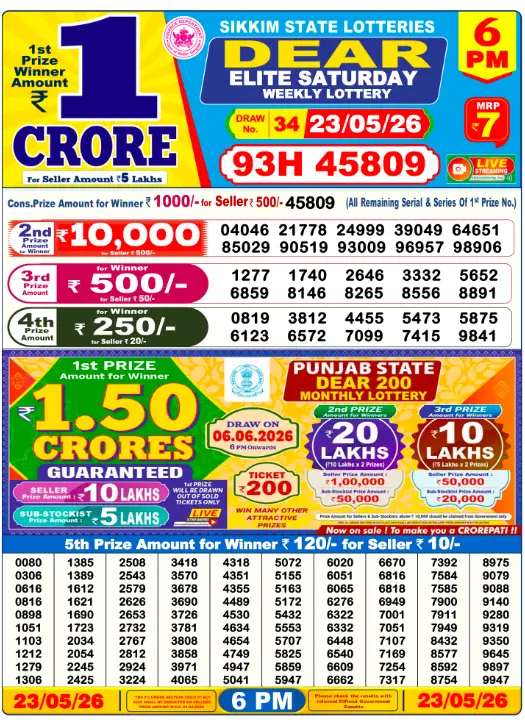 Dear Lottery Result 6 PM -23 May 2026
